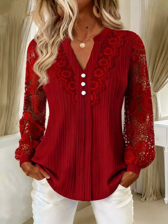 Lace Long Sleeve Notched Blouse