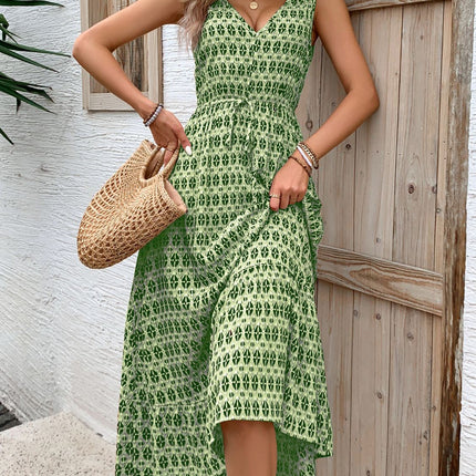 Printed V-Neck Tie Waist Midi Dress