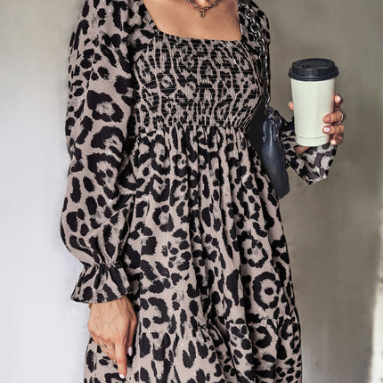 Leopard Smocked Flounce Sleeve Mini Dress