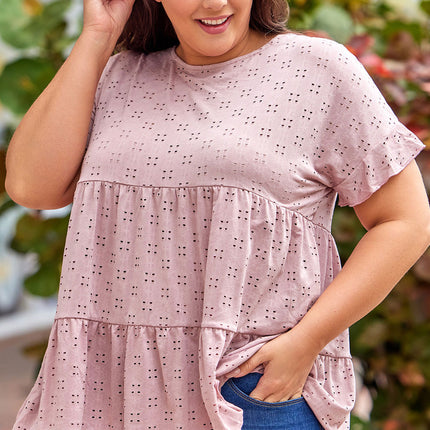 Plus Size Eyelet Round Neck Short Sleeve Blouse