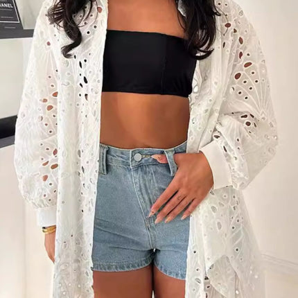 Cutout Collared Neck Long Sleeve Shirt