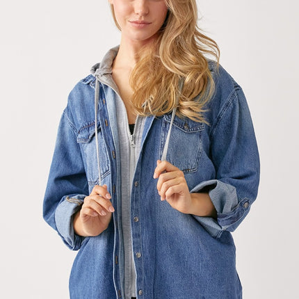 RISEN Zip Up Hooded Denim Shirt