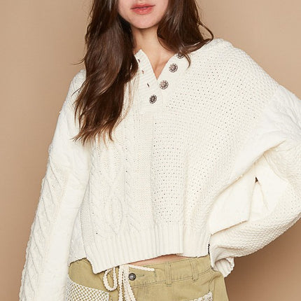 POL Cable-Knit Quarter Button Hooded Sweater