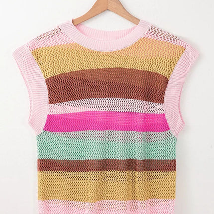 Color Block Round Neck Cap Sleeve Knit Top