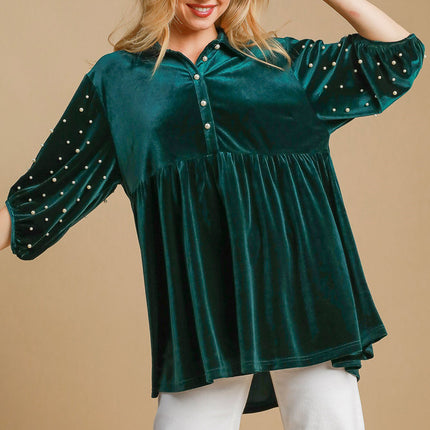 Umgee Pearl Detail Half Sleeve Velvet Babydoll Blouse