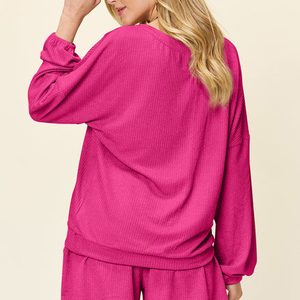 Double Take Full Size Texture V-Neck Long Sleeve T-Shirt and Shorts Set