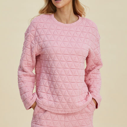 Double Take Full Size Texture Round Neck Long Sleeve Top and Shorts Set