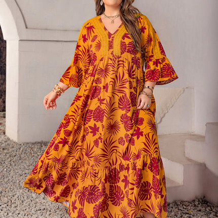 Plus Size Lace Detail Printed V-Neck Maxi Dress