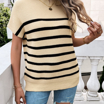 Striped Mock Neck Short Sleeve Sweater