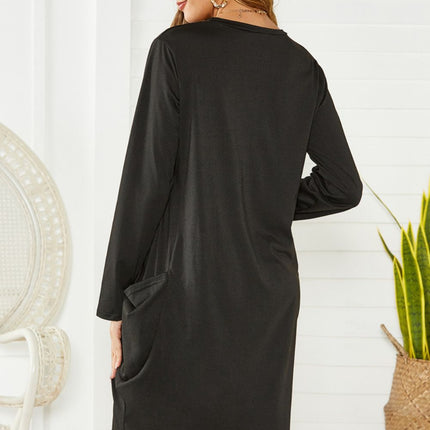 Pocketed Round Neck Long Sleeve Dress