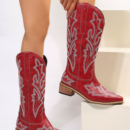 PU Leather Embroidered Geometric Point Toe Boots