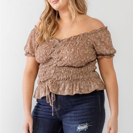 Zenobia Plus Size Frill Ruched Off-Shoulder Short Sleeve Blouse