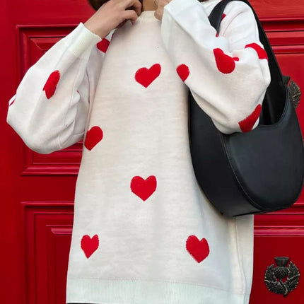 Heart Round Neck Dropped Shoulder Sweater