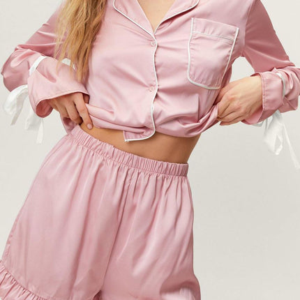 Basic Bae Tied Cuff Collared Neck Top and Frill Shorts Lounge Set