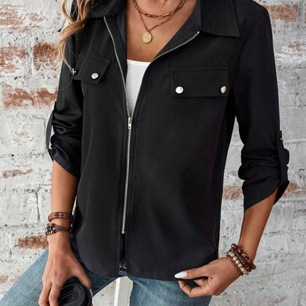 Zip Up Collared Neck Roll-Tab Sleeve Jacket