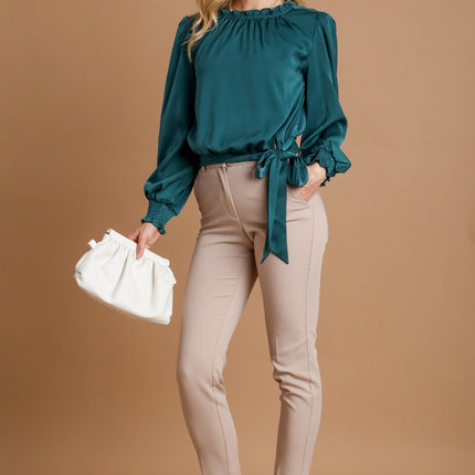 Umgee Frill Tied Hem Long Sleeve Blouse