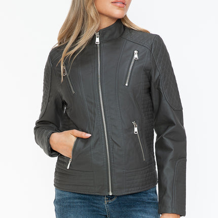 Snobbish Faux Leather Zip Up Mock Neck Jacket