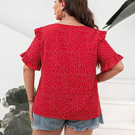 Plus Size Polka Dot Notched Flounce Sleeve Blouse