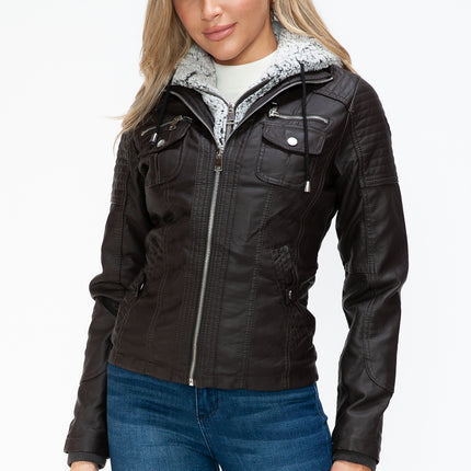 YMI Removable Faux Layered Multi-Pocket Jacket with Fuzzy Hood