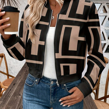 Geometric Baseball Collar Zip Up Jacket