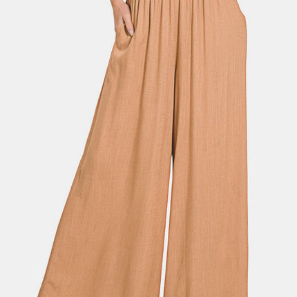 Zenana Pleated Linen Blend Wide Leg Pants