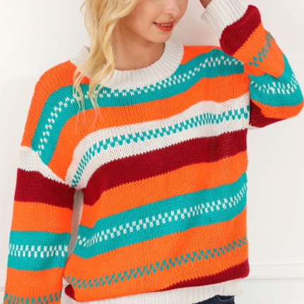 Contrast Striped Round Neck Long Sleeve Sweater