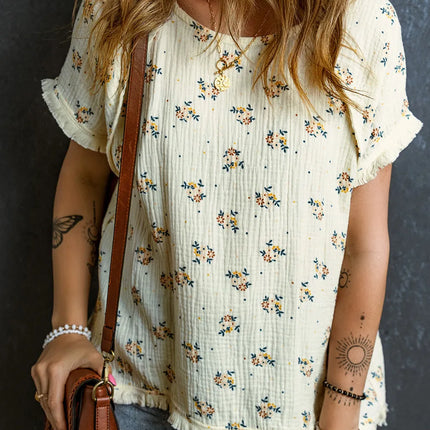 Raw Hem Printed Round Neck Short Sleeve Top