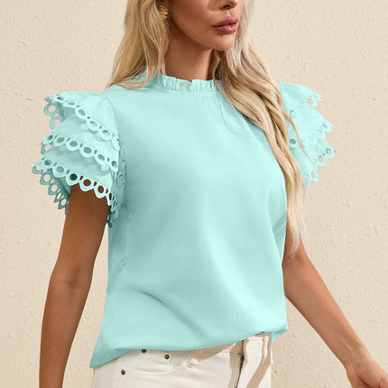 Ruffled Eyelet Round Neck Cap Sleeve Blouse