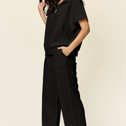 Double Take Full Size Texture Half Zip Short Sleeve Top and Pants Set - Vickie Lynn's