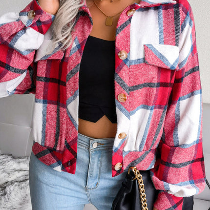 Plaid Collared Neck Long Sleeve Jacket