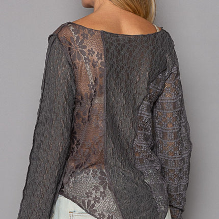 POL Exposed Seam Long Sleeve Lace Knit Top