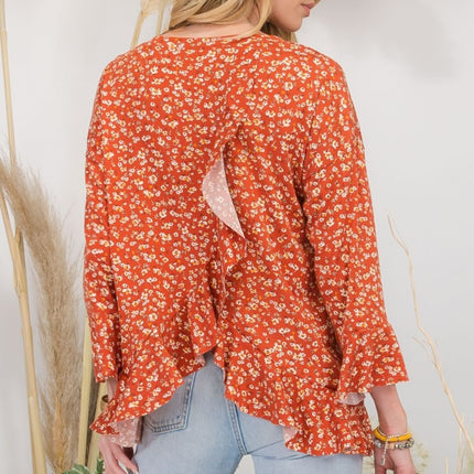 Celeste Full Size Floral Ruffle Detail Top