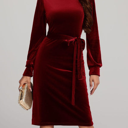 Round Neck Tie Waist Long Sleeve Velvet Dress