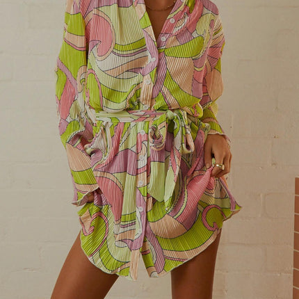Tied Button Up Long Sleeve Dress