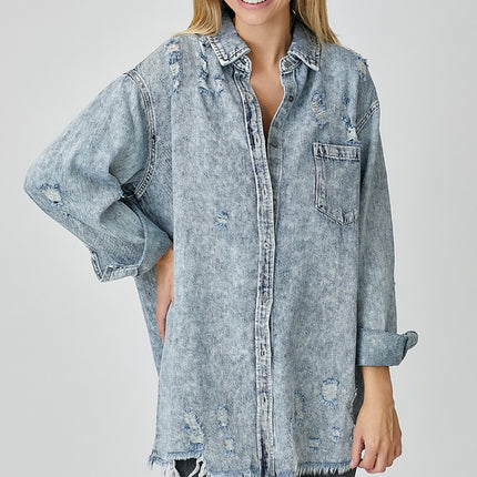 RISEN Distressed Raw Hem Denim Shirt