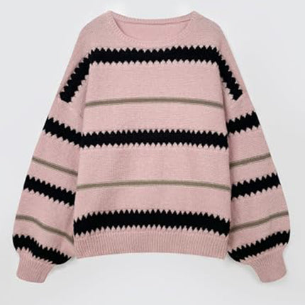 Contrast Striped Round Neck Long Sleeve Sweater