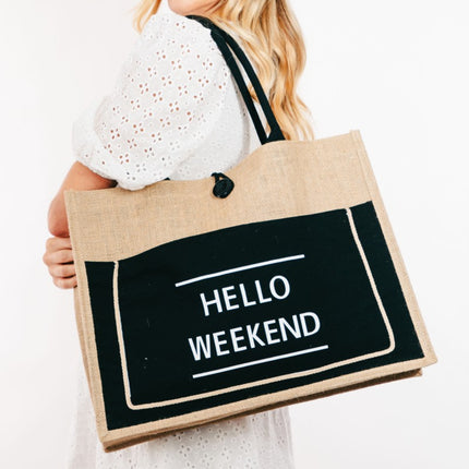 Fame Hello Weekend Burlap Tote Bag