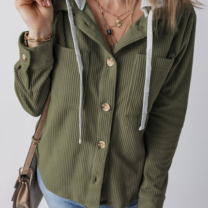 Drawstring Button Up Long Sleeve Hooded Jacket - Vickie Lynn's