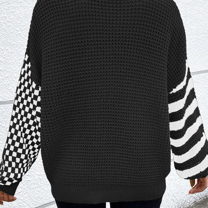 Checkered Striped Turtleneck Long Sleeve Sweater