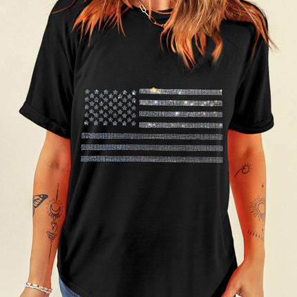 Rhinestone US Flag Round Neck Short Sleeve T-Shirt