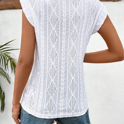 Openwork Round Neck Cap Sleeve Top