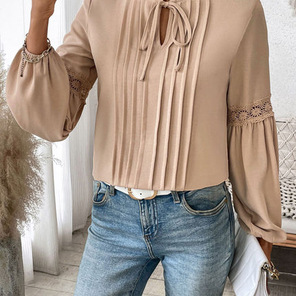 Perfee Frill Tie Neck Long Sleeve Blouse