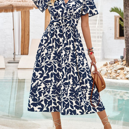 Printed Surplice Short Sleeve Midi Dress