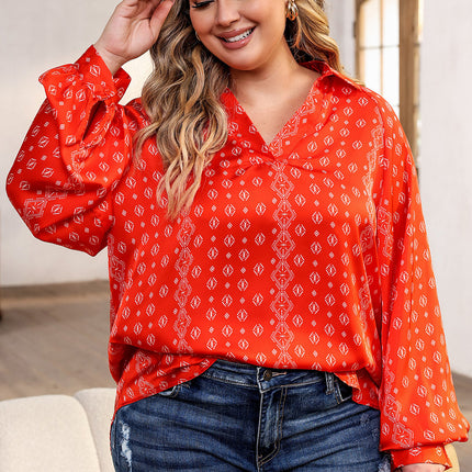 Plus Size Printed Johnny Collar Long Sleeve Blouse