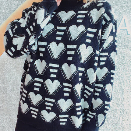 Heart Contrast Long Sleeve Dropped Shoulder Sweater