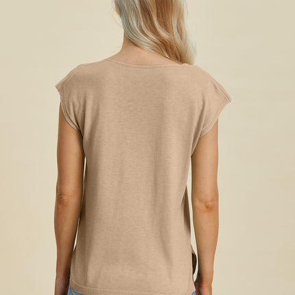 Double Take Full Size Notched Cap Sleeve Knit Top