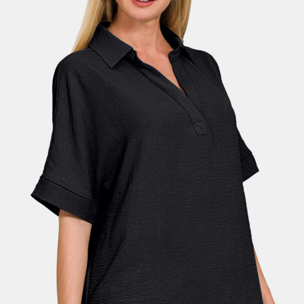 Zenana Full Size Texture Collared Neck Short Sleeve Top