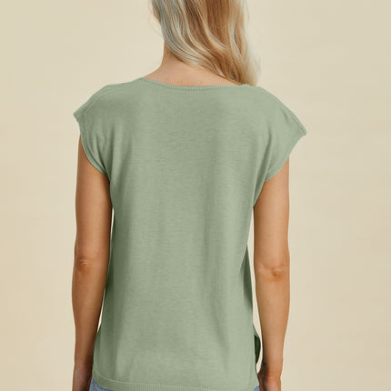 Double Take Full Size Notched Cap Sleeve Knit Top