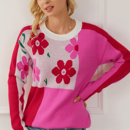 Flower Color Block Round Neck Sweater