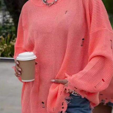 Distressed Round Neck Long Sleeve Sweater